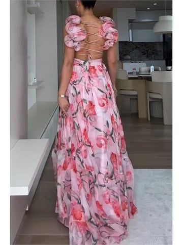 Floral Chiffon Long Max Dress With Ruffle Edge - American Thistle Floral Chiffon Long Max Dress With Ruffle Edge