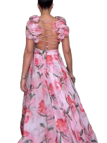 Floral Chiffon Long Max Dress With Ruffle Edge - American Thistle Floral Chiffon Long Max Dress With Ruffle Edge