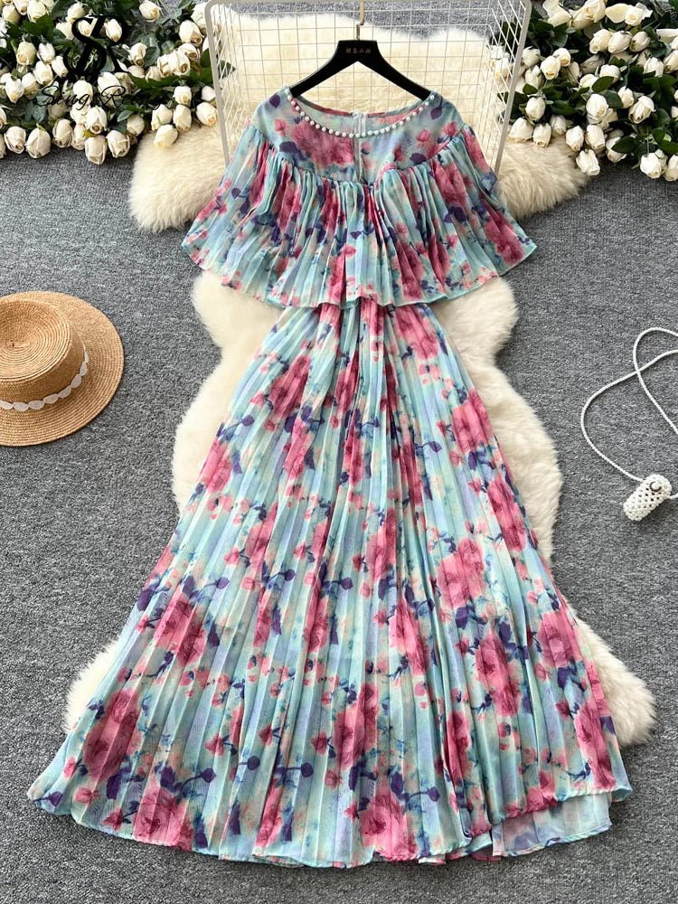 Floral Chiffon Pleaded Long Dress Ruffles Splice Maxi Dress - American Thistle Floral Chiffon Pleaded Long Dress Ruffles Splice Maxi Dress