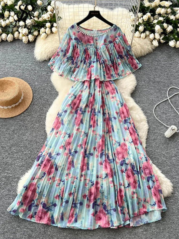 Floral Chiffon Pleaded Long Dress Ruffles Splice Maxi Dress - American Thistle Floral Chiffon Pleaded Long Dress Ruffles Splice Maxi Dress