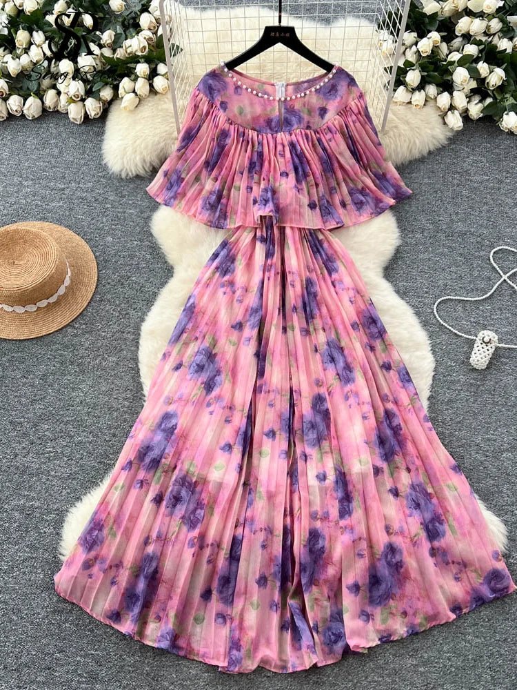 Floral Chiffon Pleaded Long Dress Ruffles Splice Maxi Dress - American Thistle Floral Chiffon Pleaded Long Dress Ruffles Splice Maxi Dress
