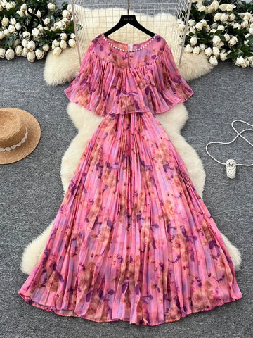 Floral Chiffon Pleaded Long Dress Ruffles Splice Maxi Dress - American Thistle Floral Chiffon Pleaded Long Dress Ruffles Splice Maxi Dress