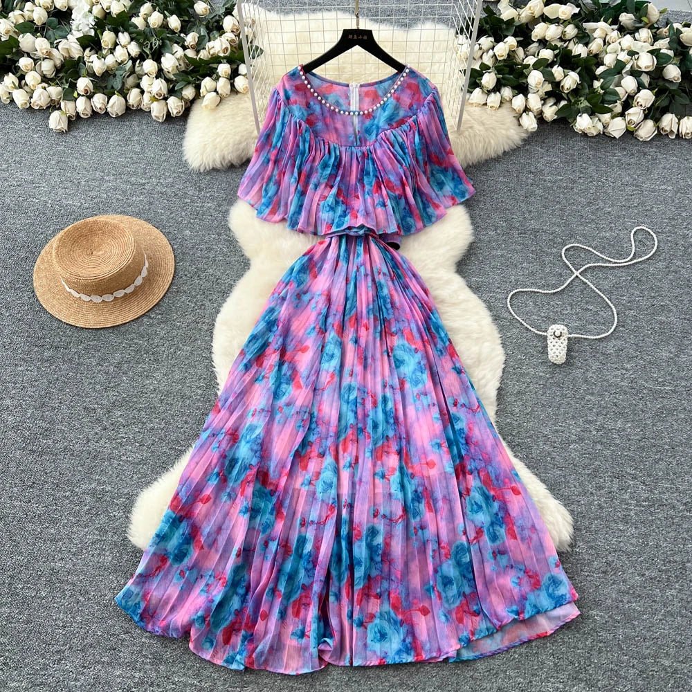 Floral Chiffon Pleaded Long Dress Ruffles Splice Maxi Dress - American Thistle Floral Chiffon Pleaded Long Dress Ruffles Splice Maxi Dress