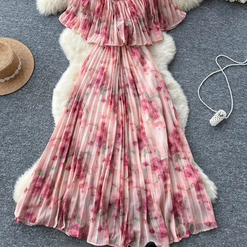 Floral Chiffon Pleaded Long Dress Ruffles Splice Maxi Dress - American Thistle Floral Chiffon Pleaded Long Dress Ruffles Splice Maxi Dress