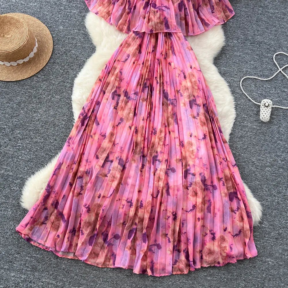 Floral Chiffon Pleaded Long Dress Ruffles Splice Maxi Dress - American Thistle Floral Chiffon Pleaded Long Dress Ruffles Splice Maxi Dress