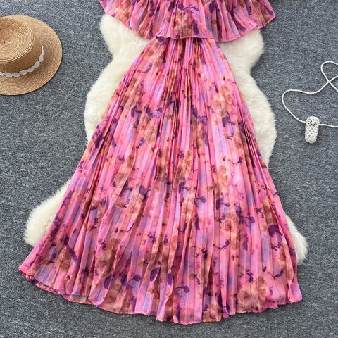 Floral Chiffon Pleaded Long Dress Ruffles Splice Maxi Dress - American Thistle Floral Chiffon Pleaded Long Dress Ruffles Splice Maxi Dress