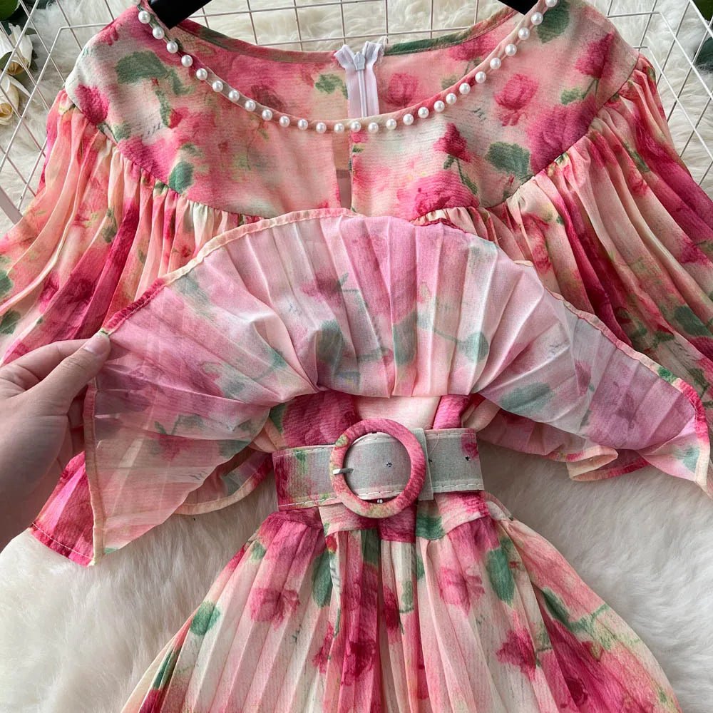 Floral Chiffon Pleaded Long Dress Ruffles Splice Maxi Dress - American Thistle Floral Chiffon Pleaded Long Dress Ruffles Splice Maxi Dress