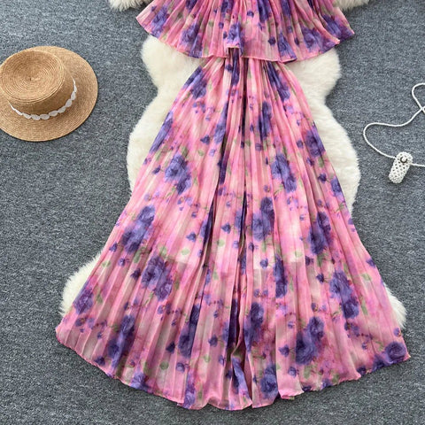 Floral Chiffon Pleaded Long Dress Ruffles Splice Maxi Dress - American Thistle Floral Chiffon Pleaded Long Dress Ruffles Splice Maxi Dress