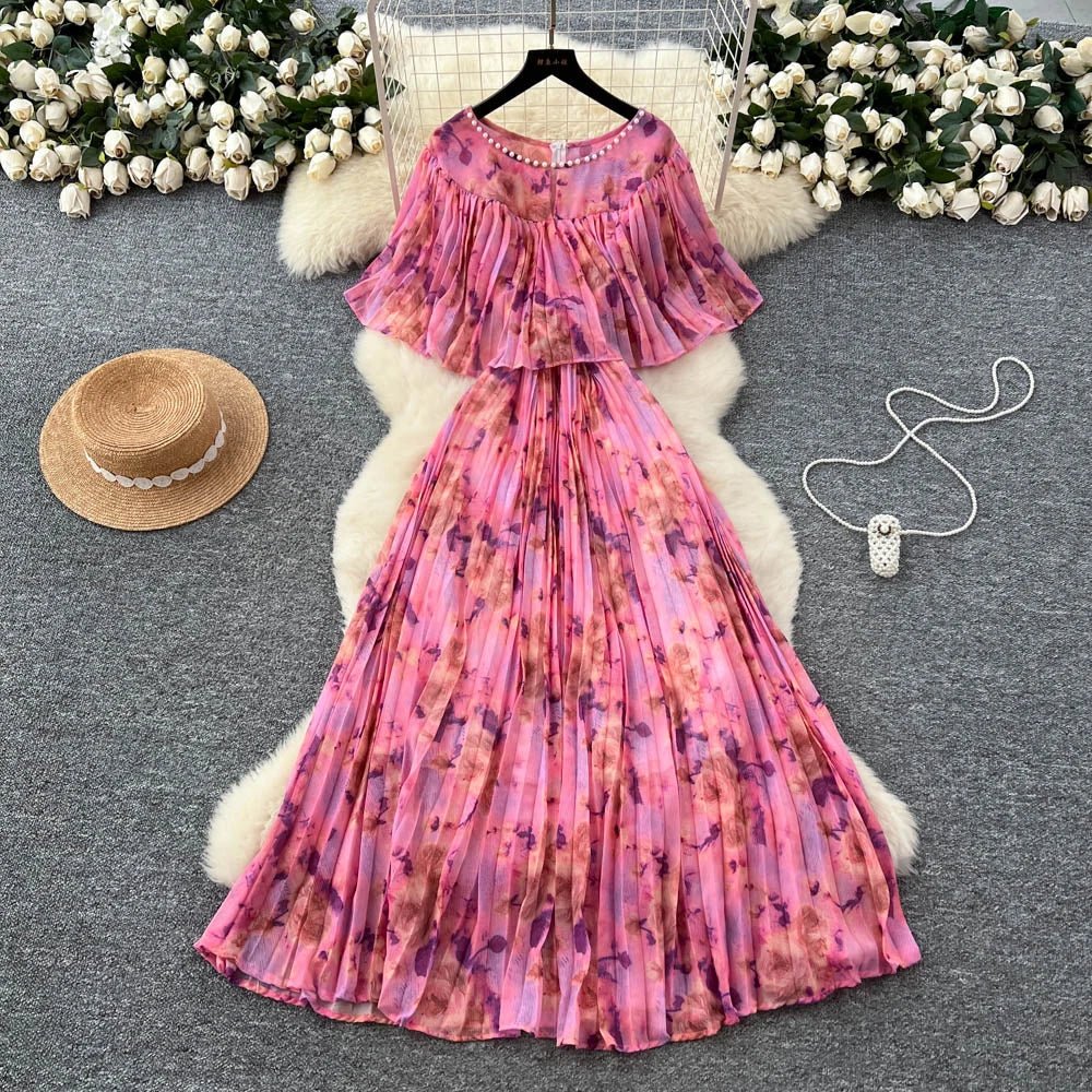 Floral Chiffon Pleaded Long Dress Ruffles Splice Maxi Dress - American Thistle Floral Chiffon Pleaded Long Dress Ruffles Splice Maxi Dress