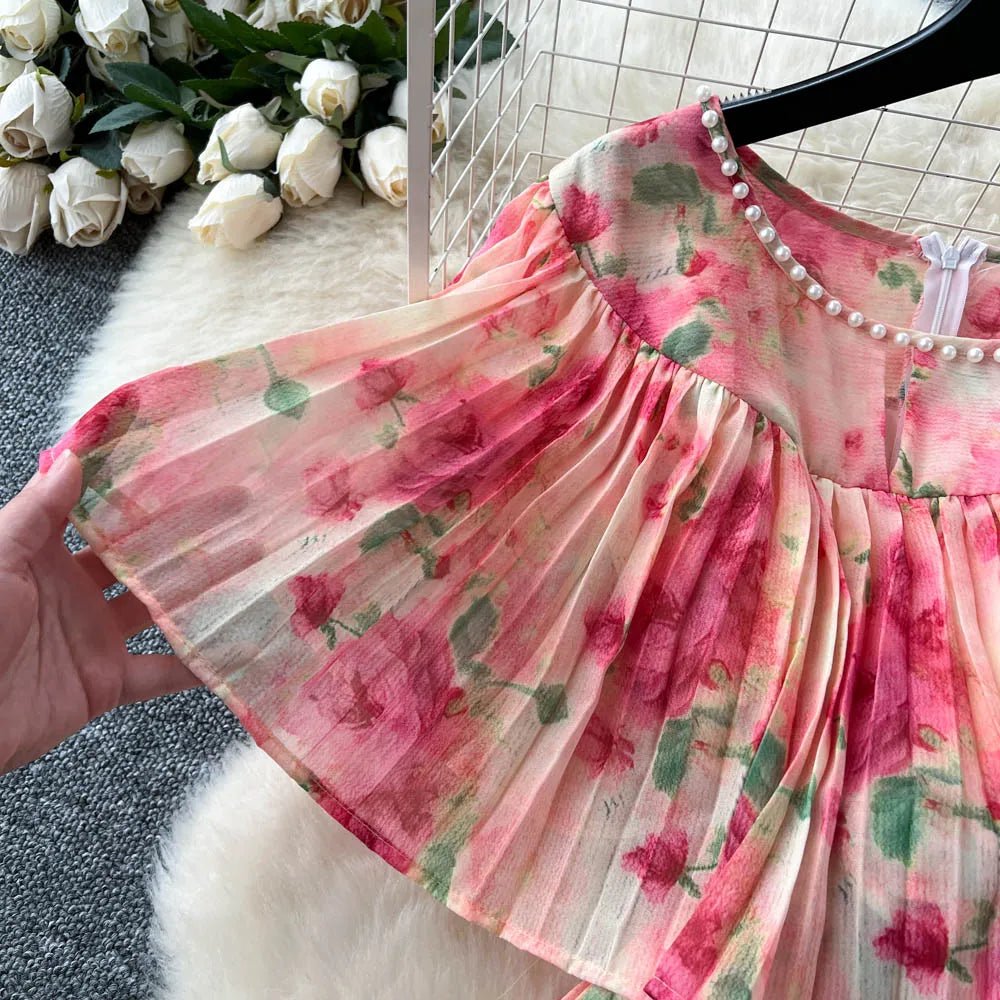 Floral Chiffon Pleaded Long Dress Ruffles Splice Maxi Dress - American Thistle Floral Chiffon Pleaded Long Dress Ruffles Splice Maxi Dress