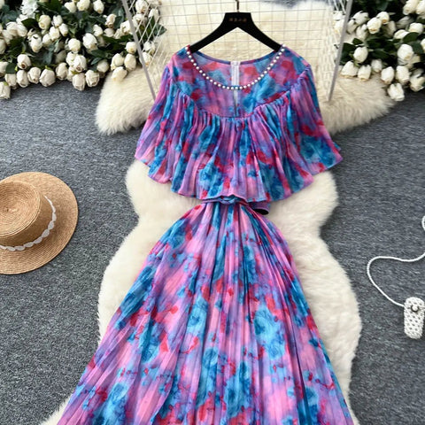 Floral Chiffon Pleaded Long Dress Ruffles Splice Maxi Dress - American Thistle Floral Chiffon Pleaded Long Dress Ruffles Splice Maxi Dress
