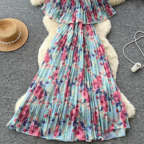 Floral Chiffon Pleaded Long Dress Ruffles Splice Maxi Dress - American Thistle Floral Chiffon Pleaded Long Dress Ruffles Splice Maxi Dress