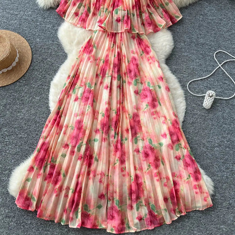 Floral Chiffon Pleaded Long Dress Ruffles Splice Maxi Dress - American Thistle Floral Chiffon Pleaded Long Dress Ruffles Splice Maxi Dress