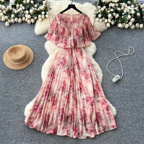 Floral Chiffon Pleaded Long Dress Ruffles Splice Maxi Dress - American Thistle Floral Chiffon Pleaded Long Dress Ruffles Splice Maxi Dress