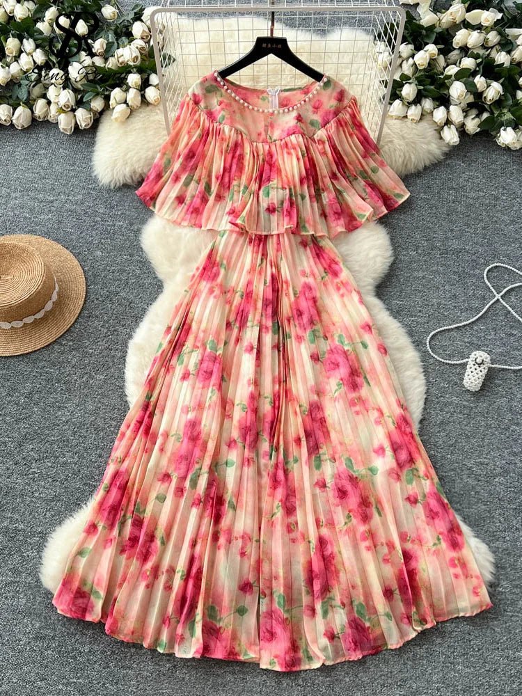 Floral Chiffon Pleaded Long Dress Ruffles Splice Maxi Dress - American Thistle Floral Chiffon Pleaded Long Dress Ruffles Splice Maxi Dress