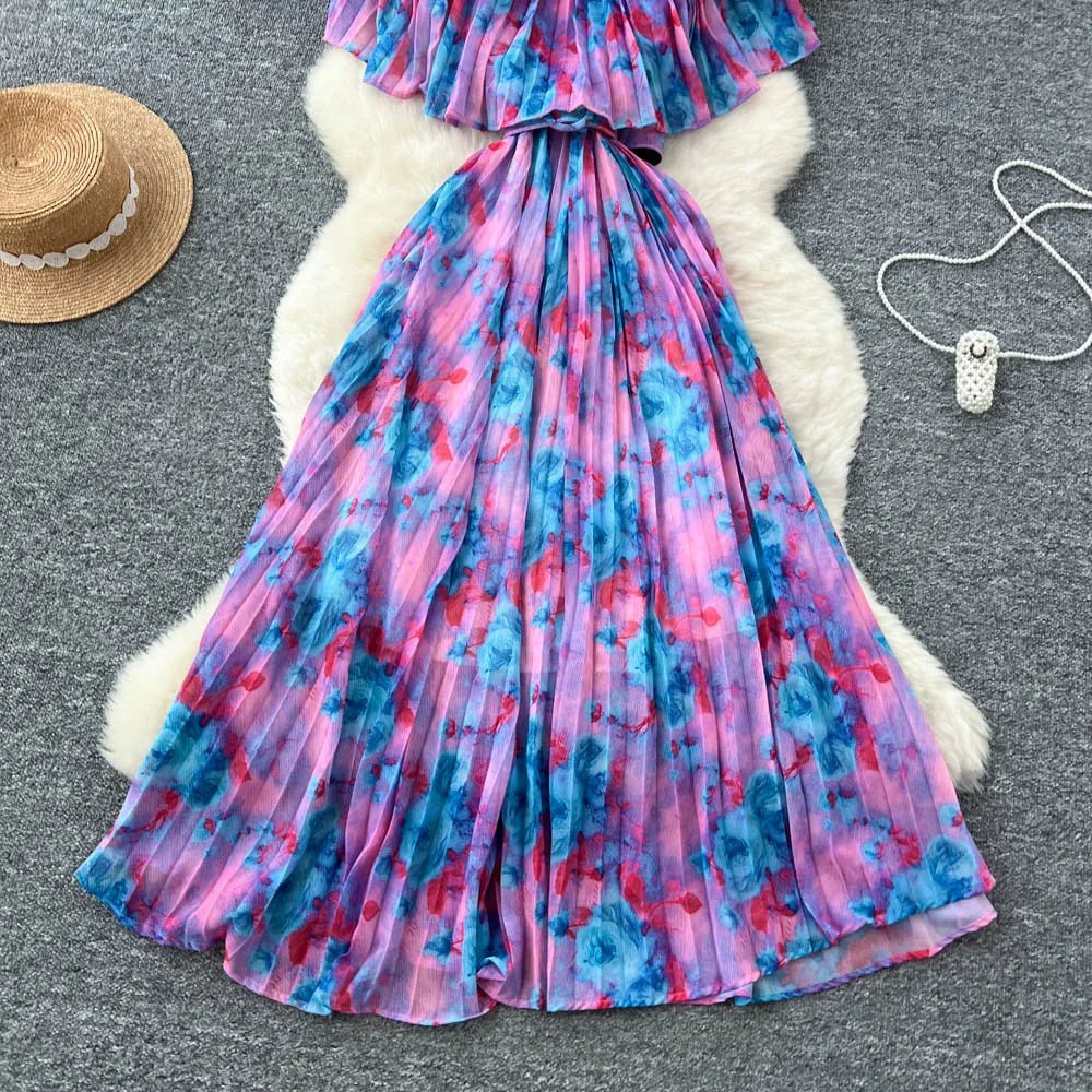 Floral Chiffon Pleaded Long Dress Ruffles Splice Maxi Dress - American Thistle Floral Chiffon Pleaded Long Dress Ruffles Splice Maxi Dress