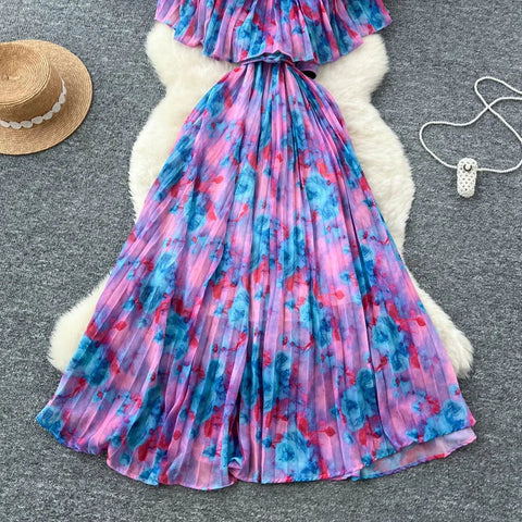 Floral Chiffon Pleaded Long Dress Ruffles Splice Maxi Dress - American Thistle Floral Chiffon Pleaded Long Dress Ruffles Splice Maxi Dress