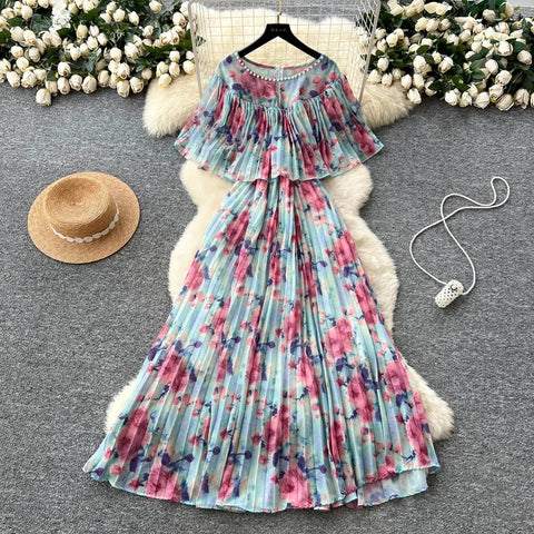 Floral Chiffon Pleaded Long Dress Ruffles Splice Maxi Dress - American Thistle Floral Chiffon Pleaded Long Dress Ruffles Splice Maxi Dress