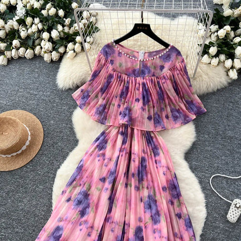 Floral Chiffon Pleaded Long Dress Ruffles Splice Maxi Dress - American Thistle Floral Chiffon Pleaded Long Dress Ruffles Splice Maxi Dress