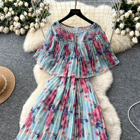 Floral Chiffon Pleaded Long Dress Ruffles Splice Maxi Dress - American Thistle Floral Chiffon Pleaded Long Dress Ruffles Splice Maxi Dress