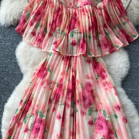 Floral Chiffon Pleaded Long Dress Ruffles Splice Maxi Dress - American Thistle Floral Chiffon Pleaded Long Dress Ruffles Splice Maxi Dress