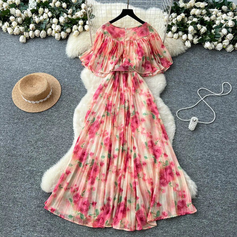 Floral Chiffon Pleaded Long Dress Ruffles Splice Maxi Dress - American Thistle Floral Chiffon Pleaded Long Dress Ruffles Splice Maxi Dress