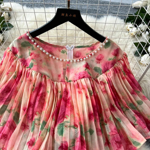 Floral Chiffon Pleaded Long Dress Ruffles Splice Maxi Dress - American Thistle Floral Chiffon Pleaded Long Dress Ruffles Splice Maxi Dress