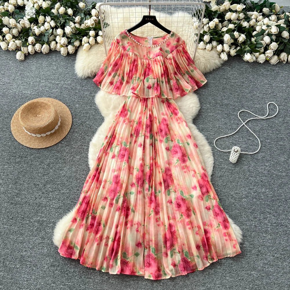 Floral Chiffon Pleaded Long Dress Ruffles Splice Maxi Dress - American Thistle Floral Chiffon Pleaded Long Dress Ruffles Splice Maxi Dress