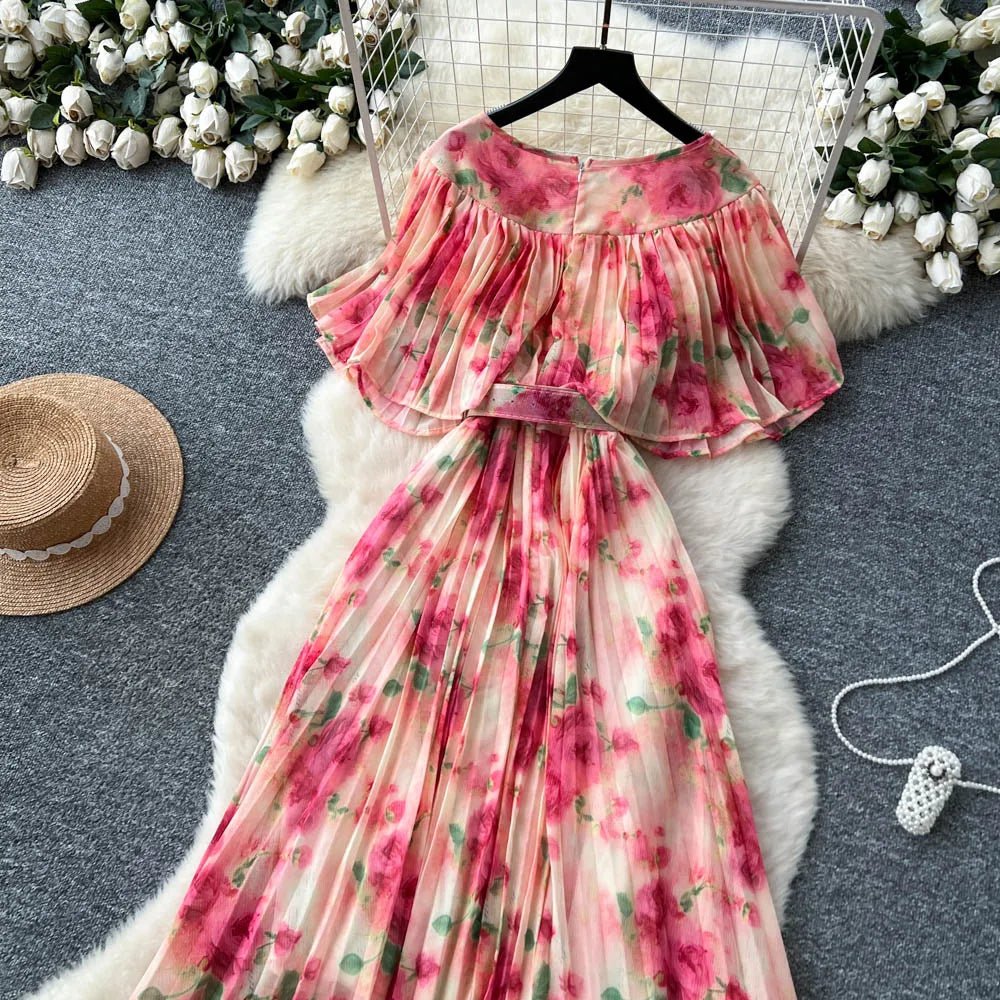 Floral Chiffon Pleaded Long Dress Ruffles Splice Maxi Dress - American Thistle Floral Chiffon Pleaded Long Dress Ruffles Splice Maxi Dress