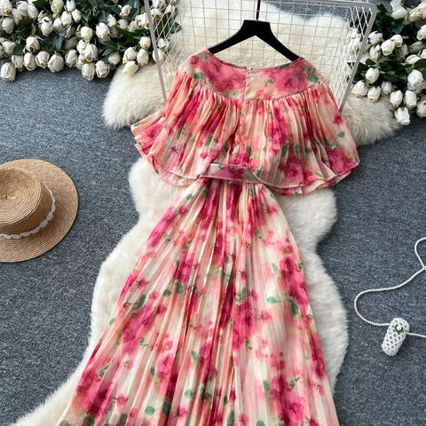 Floral Chiffon Pleaded Long Dress Ruffles Splice Maxi Dress - American Thistle Floral Chiffon Pleaded Long Dress Ruffles Splice Maxi Dress
