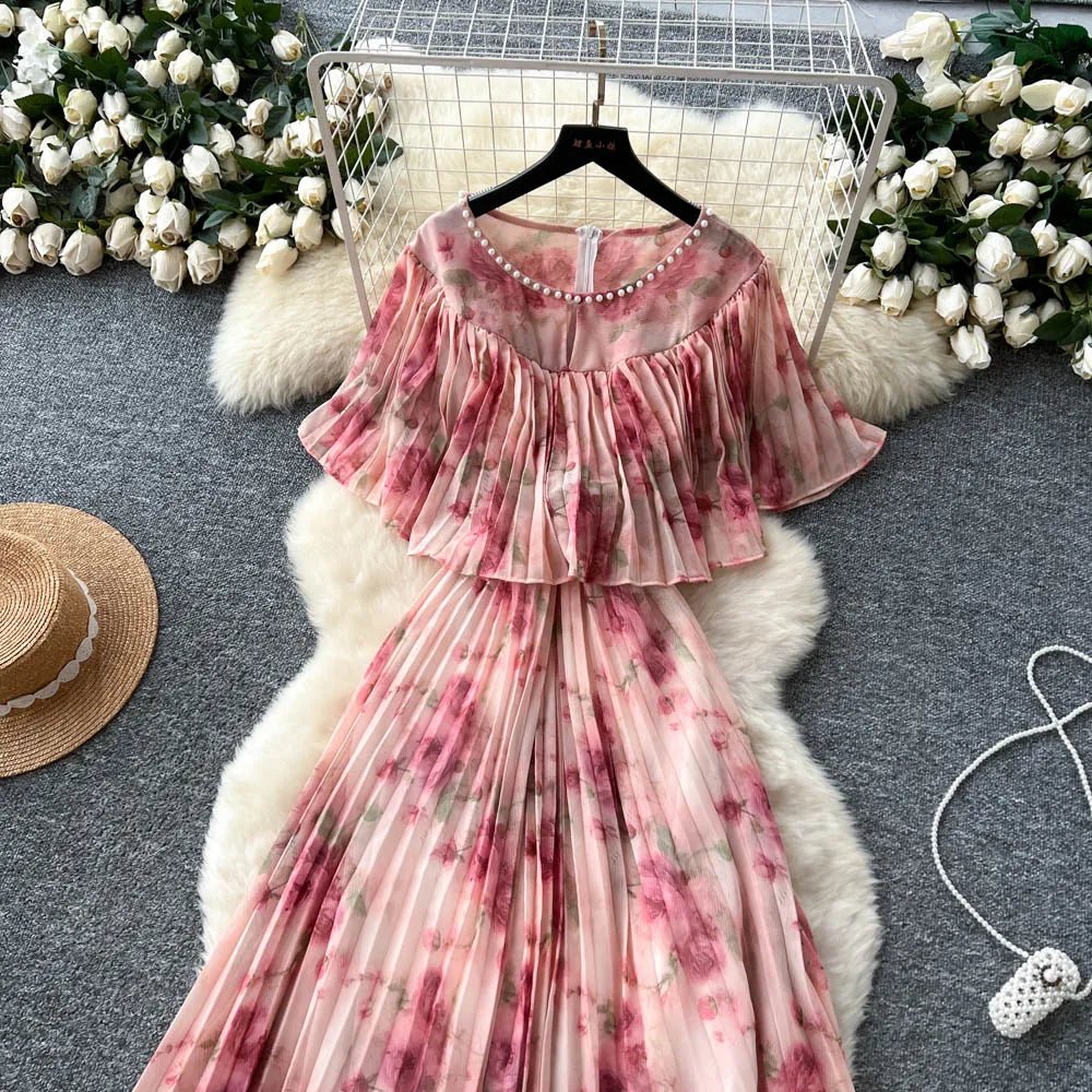 Floral Chiffon Pleaded Long Dress Ruffles Splice Maxi Dress - American Thistle Floral Chiffon Pleaded Long Dress Ruffles Splice Maxi Dress