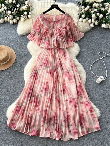 Floral Chiffon Pleaded Long Dress Ruffles Splice Maxi Dress - American Thistle Floral Chiffon Pleaded Long Dress Ruffles Splice Maxi Dress