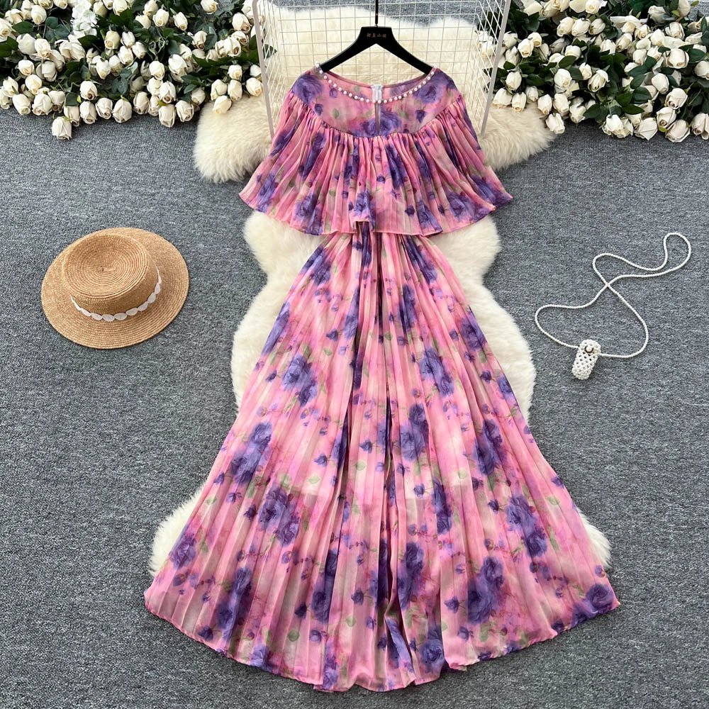 Floral Chiffon Pleaded Long Dress Ruffles Splice Maxi Dress - American Thistle Floral Chiffon Pleaded Long Dress Ruffles Splice Maxi Dress