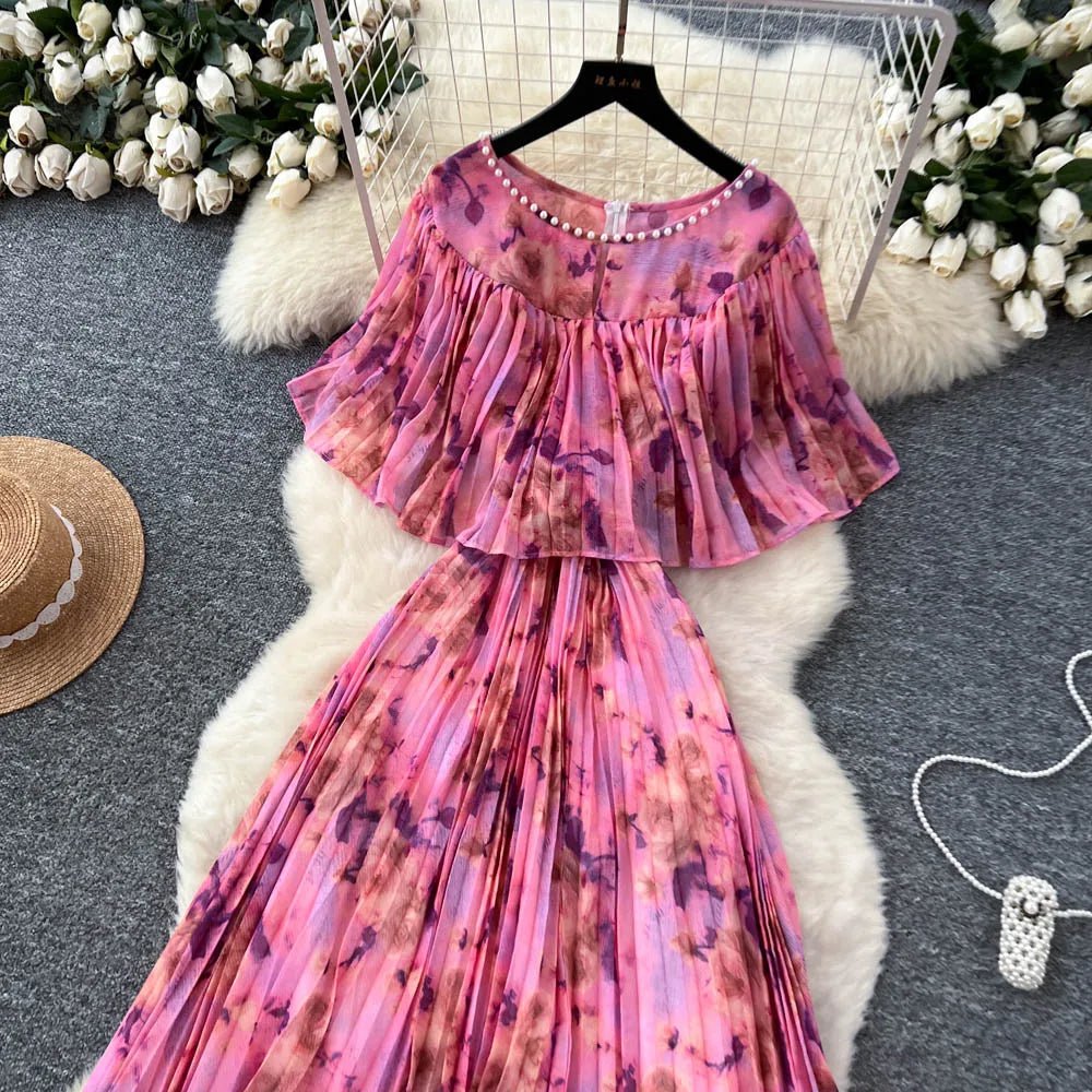 Floral Chiffon Pleaded Long Dress Ruffles Splice Maxi Dress - American Thistle Floral Chiffon Pleaded Long Dress Ruffles Splice Maxi Dress