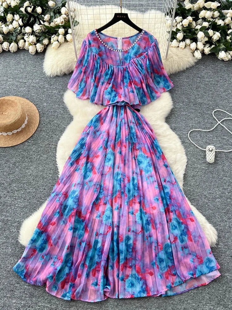 Floral Chiffon Pleaded Long Dress Ruffles Splice Maxi Dress - American Thistle Floral Chiffon Pleaded Long Dress Ruffles Splice Maxi Dress