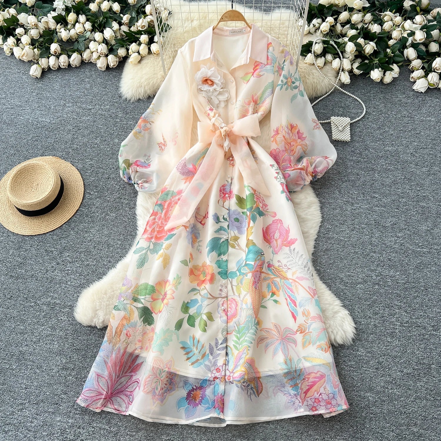 Floral Dress Female Single Breasted Puff Sleeves Chic French Vintage - American Thistle Floral Dress Female Single Breasted Puff Sleeves Chic French Vintage