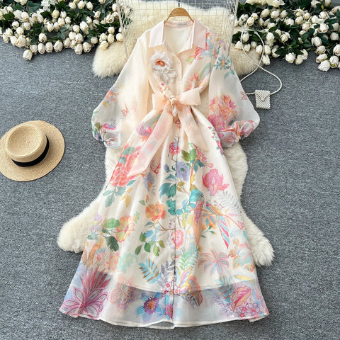 Floral Dress Female Single Breasted Puff Sleeves Chic French Vintage - American Thistle Floral Dress Female Single Breasted Puff Sleeves Chic French Vintage