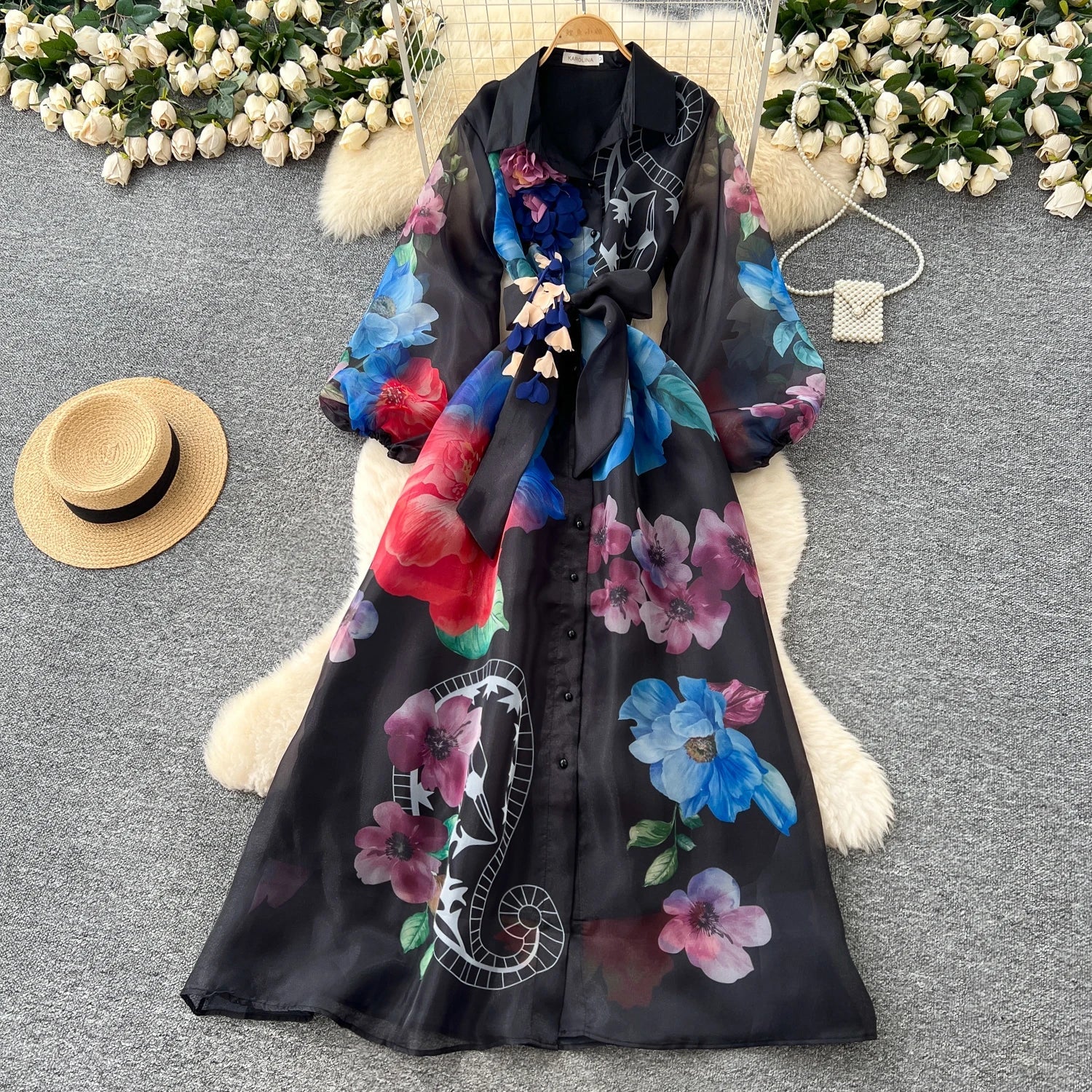 Floral Dress Female Single Breasted Puff Sleeves Chic French Vintage - American Thistle Floral Dress Female Single Breasted Puff Sleeves Chic French Vintage