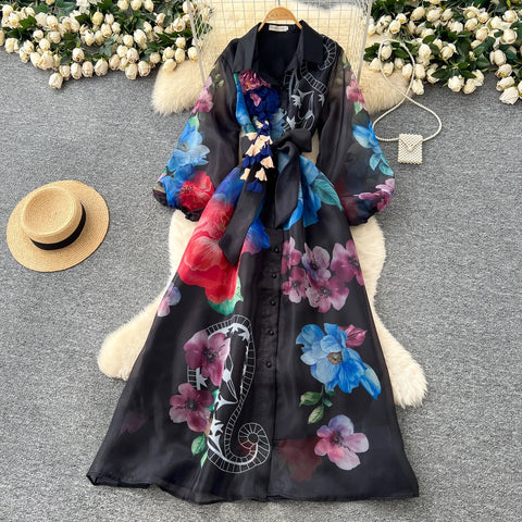 Floral Dress Female Single Breasted Puff Sleeves Chic French Vintage - American Thistle Floral Dress Female Single Breasted Puff Sleeves Chic French Vintage