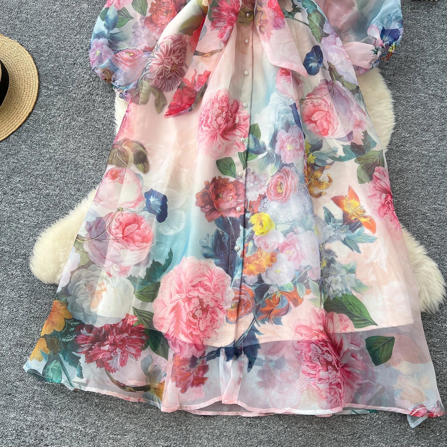 Floral Dress Female Single Breasted Puff Sleeves Chic French Vintage - American Thistle Floral Dress Female Single Breasted Puff Sleeves Chic French Vintage