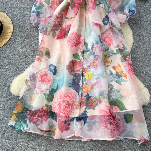 Floral Dress Female Single Breasted Puff Sleeves Chic French Vintage - American Thistle Floral Dress Female Single Breasted Puff Sleeves Chic French Vintage