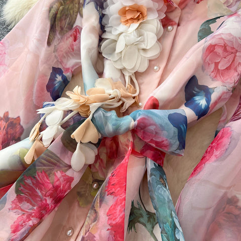 Floral Dress Female Single Breasted Puff Sleeves Chic French Vintage - American Thistle Floral Dress Female Single Breasted Puff Sleeves Chic French Vintage