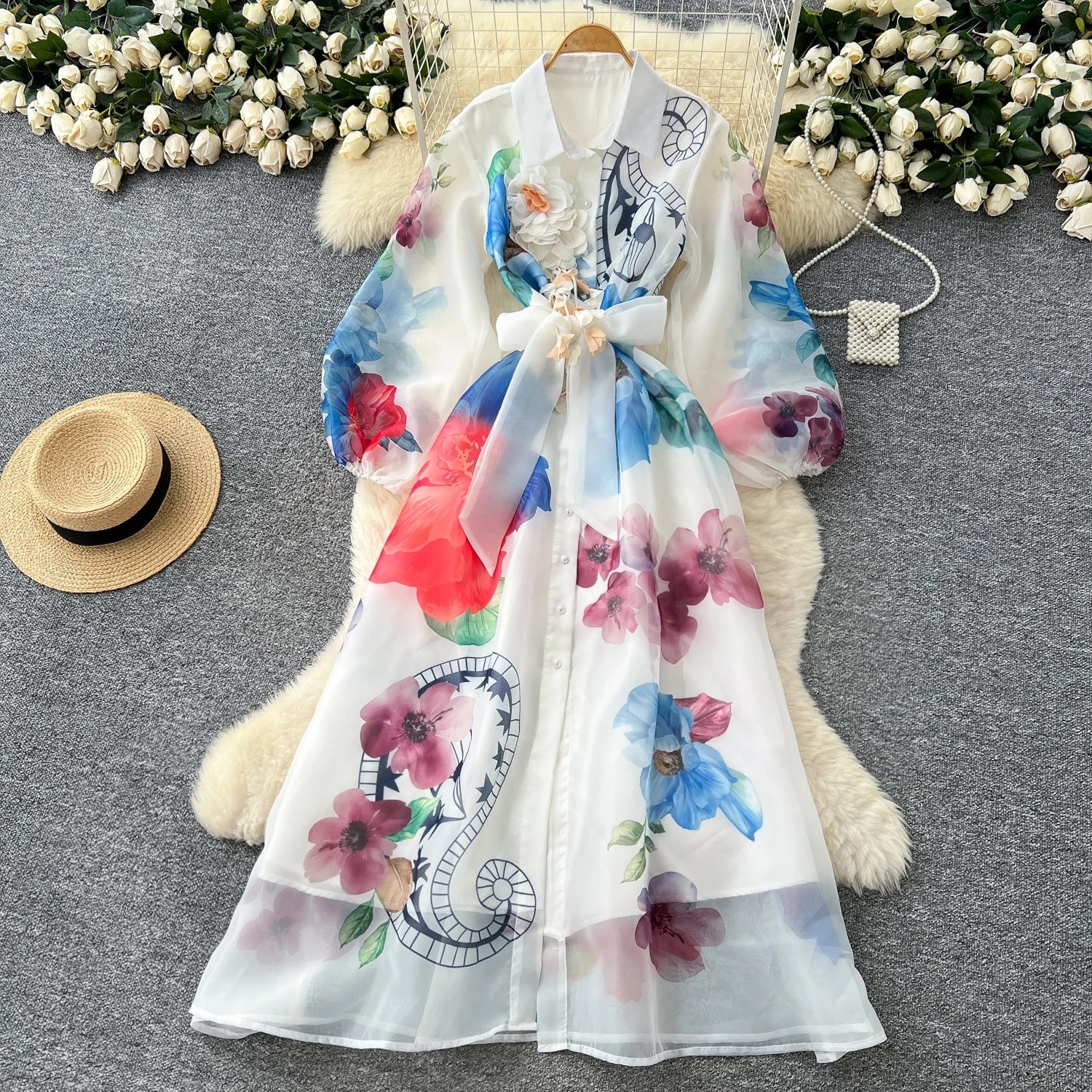 Floral Dress Female Single Breasted Puff Sleeves Chic French Vintage - American Thistle Floral Dress Female Single Breasted Puff Sleeves Chic French Vintage