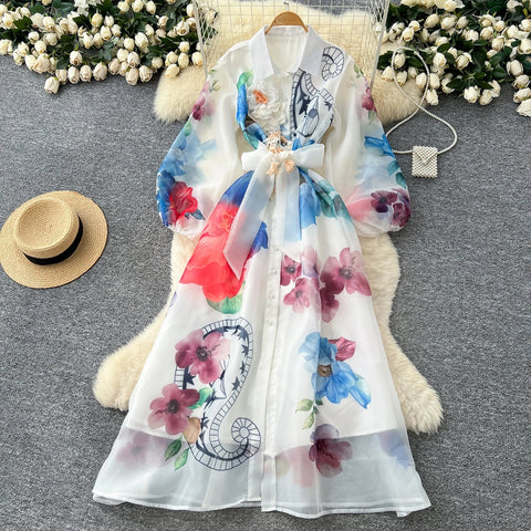 Floral Dress Female Single Breasted Puff Sleeves Chic French Vintage - American Thistle Floral Dress Female Single Breasted Puff Sleeves Chic French Vintage