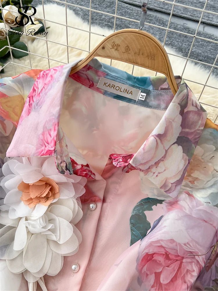 Floral Dress Female Single Breasted Puff Sleeves Chic French Vintage - American Thistle Floral Dress Female Single Breasted Puff Sleeves Chic French Vintage