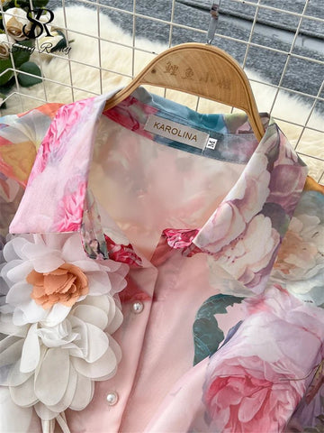 Floral Dress Female Single Breasted Puff Sleeves Chic French Vintage - American Thistle Floral Dress Female Single Breasted Puff Sleeves Chic French Vintage