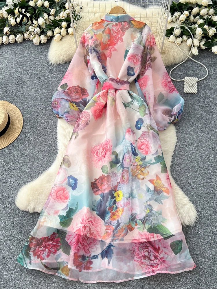 Floral Dress Female Single Breasted Puff Sleeves Chic French Vintage - American Thistle Floral Dress Female Single Breasted Puff Sleeves Chic French Vintage