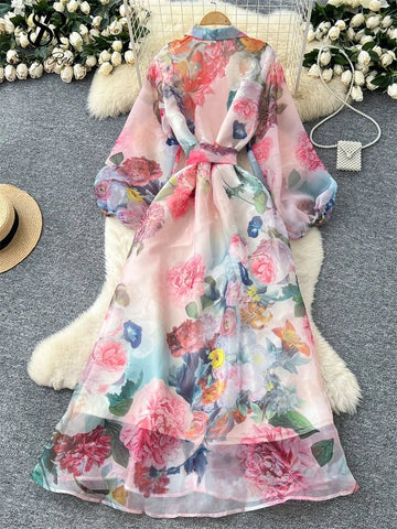 Floral Dress Female Single Breasted Puff Sleeves Chic French Vintage - American Thistle Floral Dress Female Single Breasted Puff Sleeves Chic French Vintage