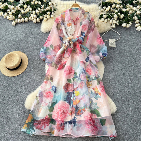 Floral Dress Female Single Breasted Puff Sleeves Chic French Vintage - American Thistle Floral Dress Female Single Breasted Puff Sleeves Chic French Vintage