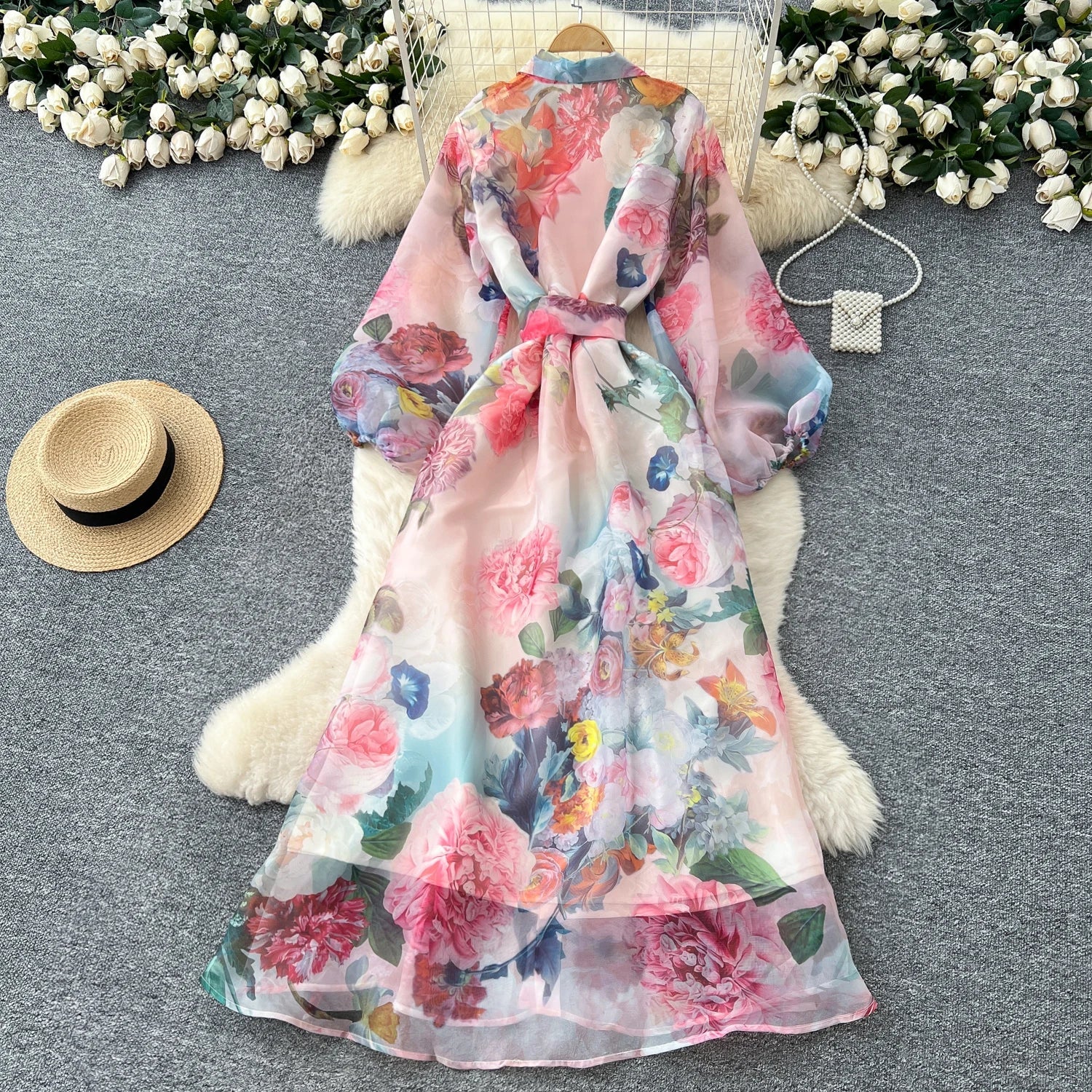 Floral Dress Female Single Breasted Puff Sleeves Chic French Vintage - American Thistle Floral Dress Female Single Breasted Puff Sleeves Chic French Vintage